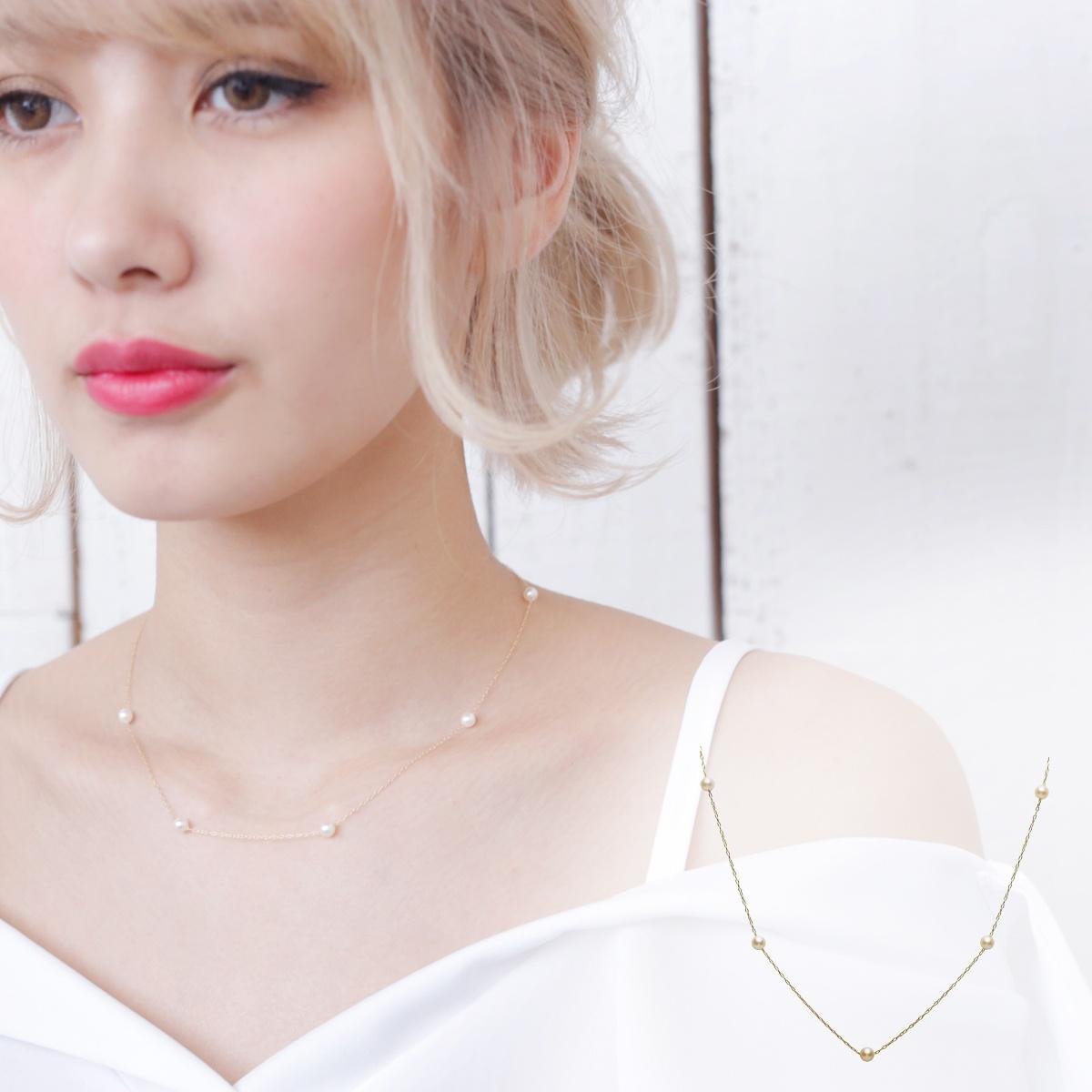 アコヤ真珠 ベビー パール ステーションネックレス 約4.0-4.5mm x 7 18金イエローゴールド K18 冠婚葬祭 結婚式 卒業 入園 入学式 プレゼント 金属アレルギー対応 カジュアル 普段使い