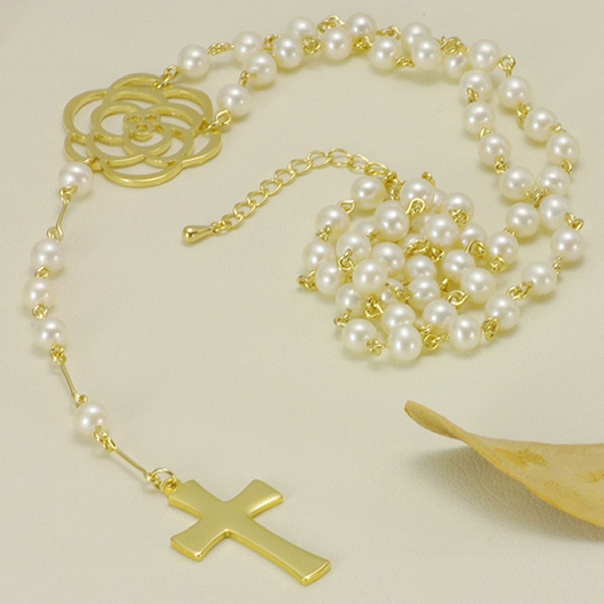 パール オリジナル ロザリオ ネックレス 淡水真珠 約5.5-6.0mm クリスマス Xmas プレゼント シンチュウ 合金 セミラウンド