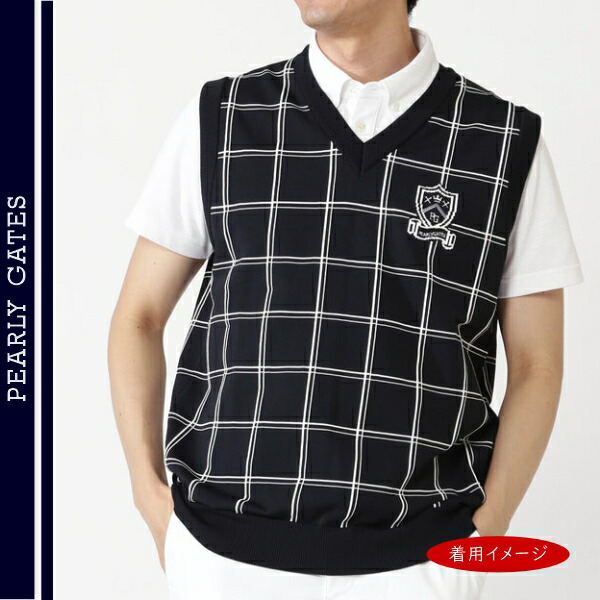 【NEW】PEARLY GATES パーリーゲイツ ＜ウィンドペンインターシャ＞ メンズ エンブレムVネックニットベスト \u003dMADE IN JAPAN\u003d 053-6173302/26A【正規品】
