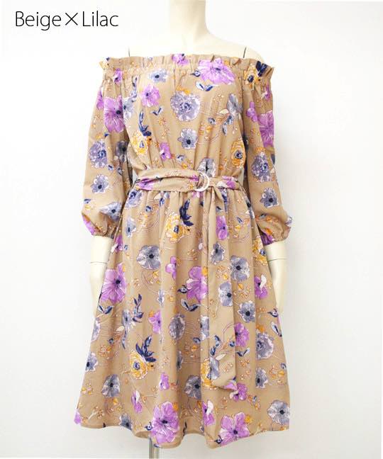 楽天市場 半額 スーパーsale ｗriting Flower オフショルワンピース ワンピース オフショル 花柄 ベルト付き 5分袖 春 夏 プチプラ 宅配便配送 Ppba Pecoti ペコチ