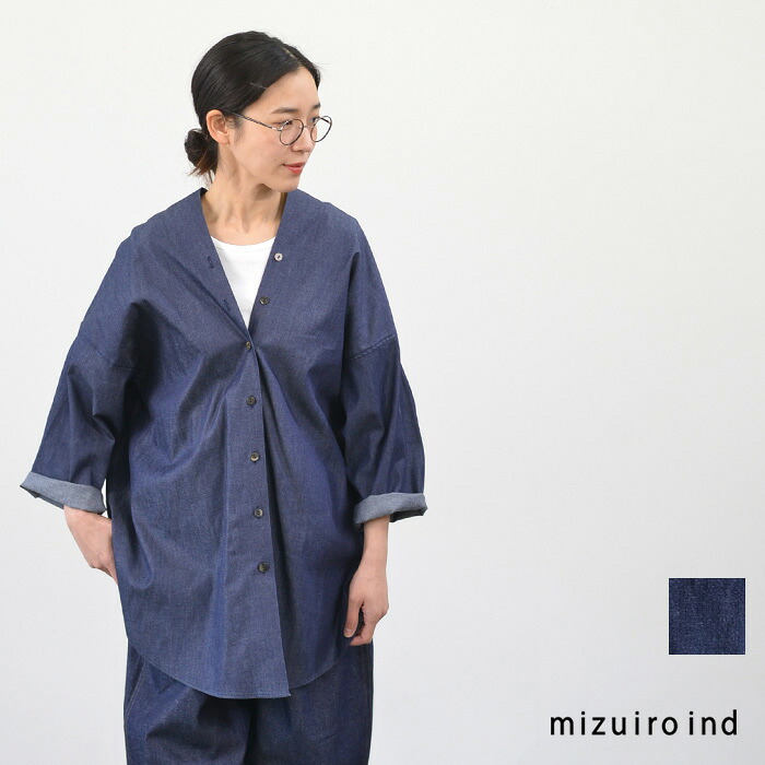 【 10%OFFクーポン発行中！ 】mizuiro ind ミズイロインド Vneck denim shirt 1-230156 送料無料 メール便OK