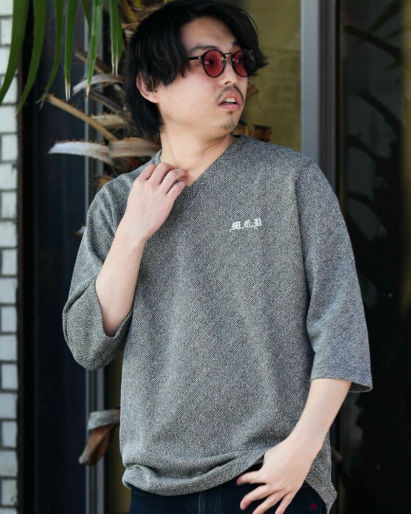 MCD 杢 ジオメトリック ジャカード 7分袖 Vネック Tシャツ