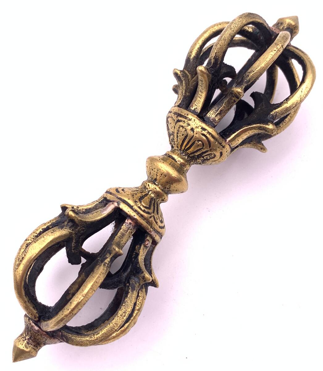 チベット密教法具　古銅　独鈷杵　三鈷杵　金剛杵　2点　木箱付　M　R6562 ◇チベット密教法具金剛杵セット◇独鈷杵&三鈷杵&五鈷杵