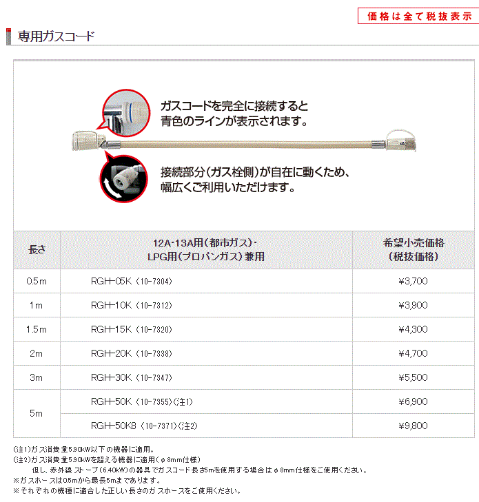 ガスファンヒーター用ホース 0.5m RGH-05K 10-7304 12A 13A用 都市ガス LPG用 プロパンガス 兼用 【メール便不可】