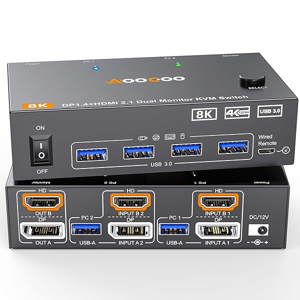 デュアル 管する KVM 取り替えっこ 2 界面 8K@60サイクル 4K@144サイクル HDMI+DP USB 3.0 取り替えっこ 押しひろげる見せびらかす 2 台の管する 2 台の電子計算機 USB 3.0 有線テレビ 有線制御装置付き添い人