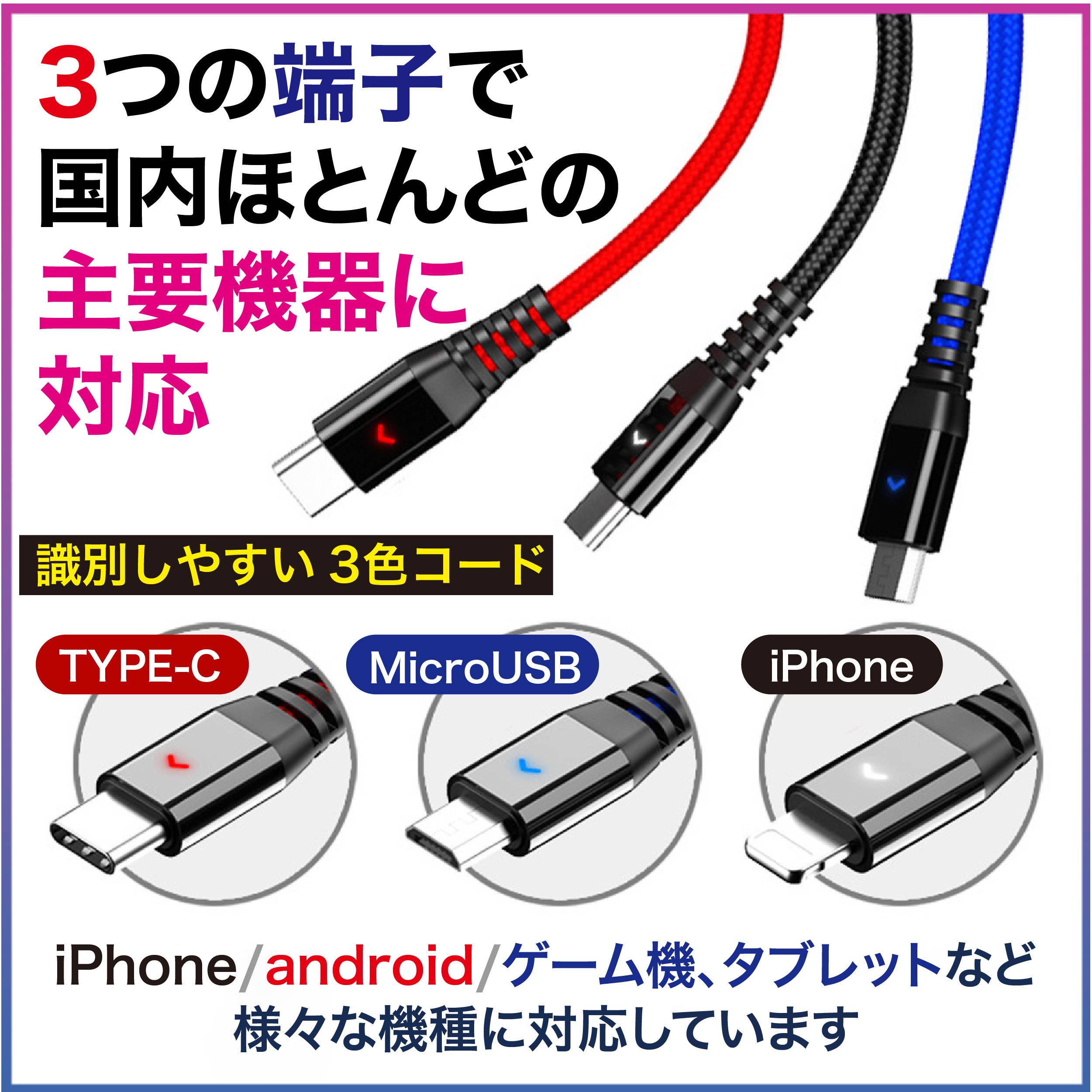 3in1ケーブル iPhone 充電ケーブル  スマホ アンドロイド 三色 iPhone各種類対応 長さ0.25m 1m 1.5m
