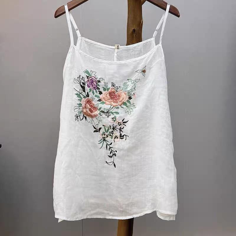 キャミソール トップス レディース 春夏用 長袖 綿麻 チャイナ風刺繍 ゆったりサイズ 無地 オフィスカジュアル通勤 ピンク ホワイト ブラック イエロー