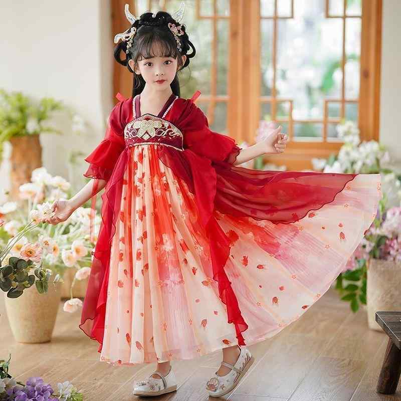 ドレス ワンピース 中国風 花柄 ロングドレス 【子供服 女の子用】 綿混紡 アセテート 柔らかい 長袖 半袖 赤 ピンク 紫 キッズ フォーマル 上品 かわいい 大きいサイズ