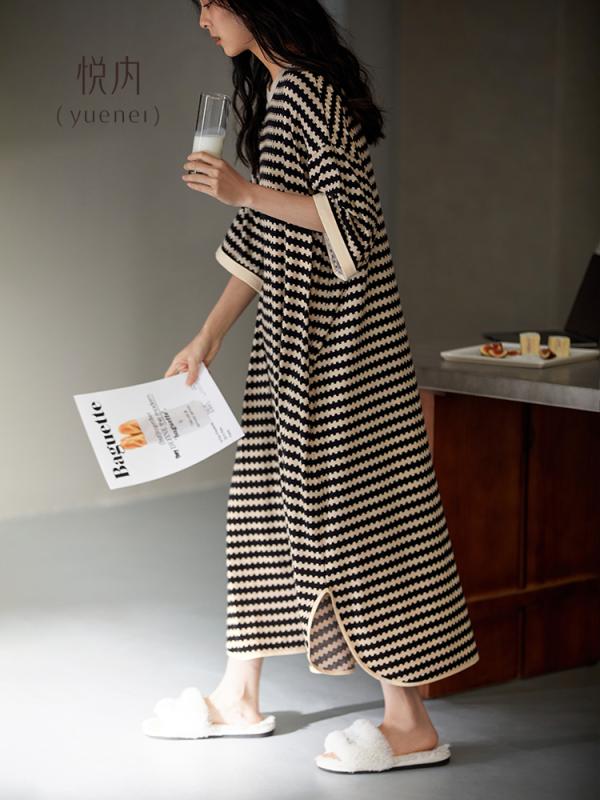 パジャマ　レディース　かわいい Yue Nei ナイトドレス レディース パジャマ 夏 コットン 半袖 ロング スカート ホームウェア スタイル 大きいサイズ ストライプ カジュアル 着用 可能
