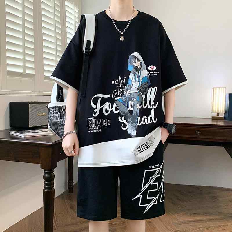 冷感 防シワ クール ひんやり 涼しい メンズ　Tシャツ　セットアップ カジュアル スーツ メンズ 夏 半袖 Tシャツ 服 セットな 服の ティーンエイジャーが 着用 する 完全な セット