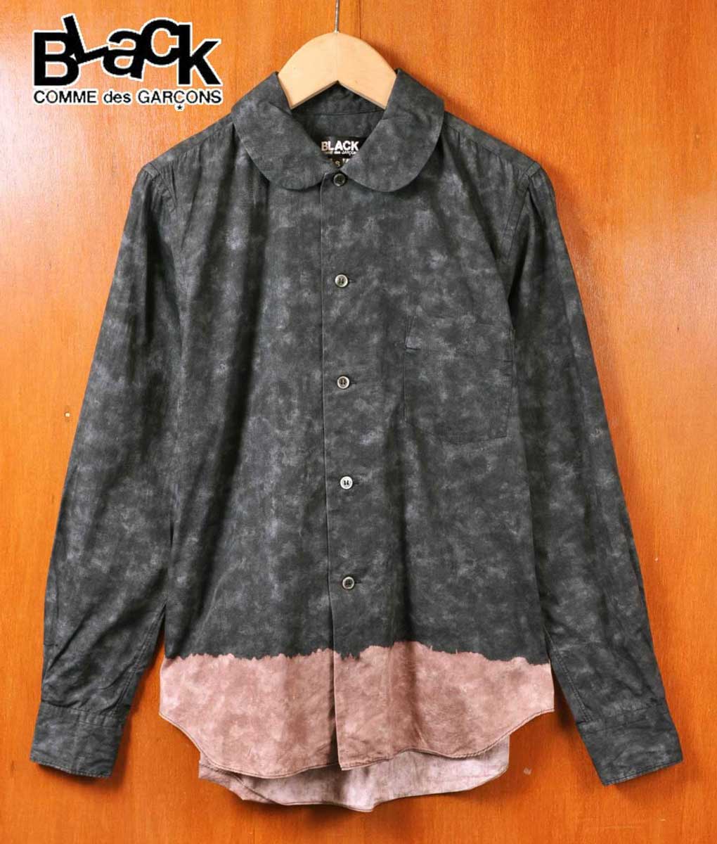2009年 日本製 BLACK COMME des GARCONS 黒いこと コム・デ・ギャルソン 綿織物 裾ブリーチ 丸襟 長袖プルオーバー ムラ染め黒いこと×ブリーチブラウン メンズXS好いかげんに【中古】▼