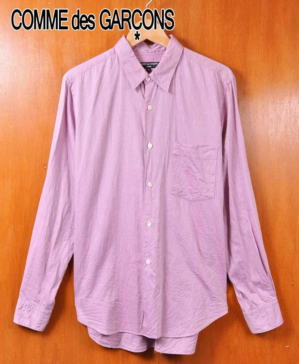 2004年 日本製 COMME des GARCONS HOMME コム・デ・ギャルソン オム 綿織物 長袖プルオーバー マゼンタパープル系曲がった織り縞模様柄 メンズS【中古】▼