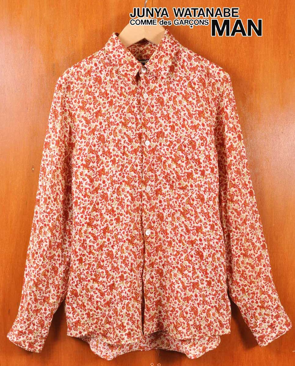 2007年 日本製 JUNYA WATANABE MAN COMME des GARCONS ジュンヤワタナベ マン コム・デ・ギャルソン 麻 長袖シャツ オフホワイトベース×レッドペーズリー総柄 メンズSS【中古】▼