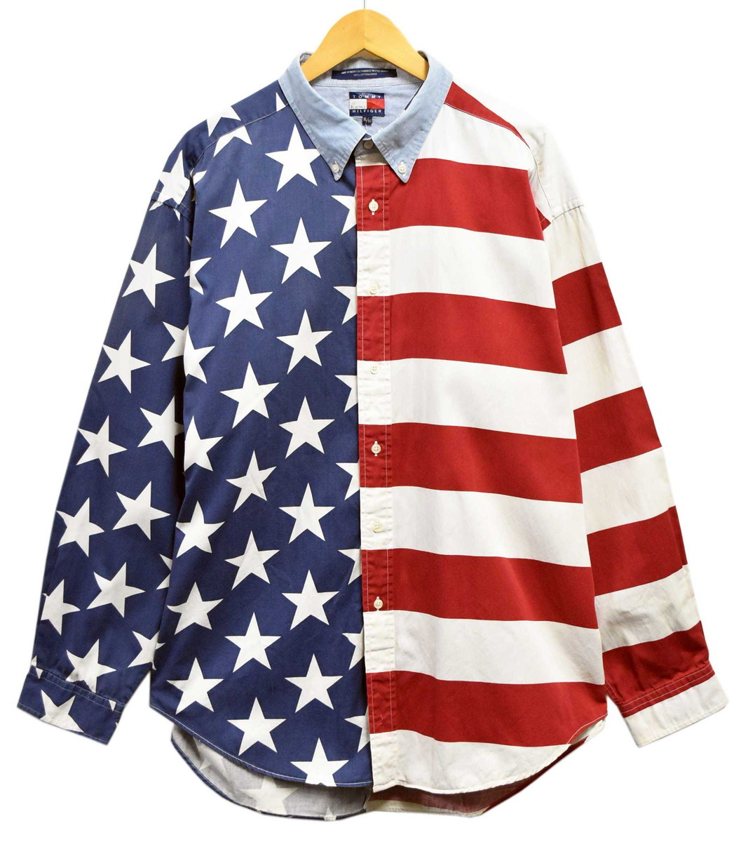【ビッグサイズ】TOMMY HILFIGER トミーヒルフィガー 長袖シャツ コットン ボタンダウン ドッキングシャツ トリコロールカラー ネイビー×レッド×ホワイト 星柄×ボーダー柄 アシンメトリー メンズ2XL相当【中古】■