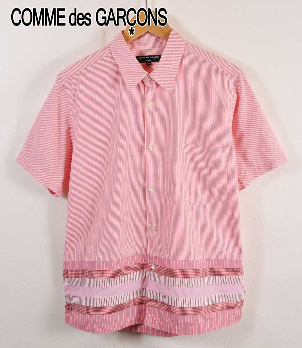 2010年 日本製 COMME des GARCONS HOMME コム・デ・ギャルソン オム 裾切り替え コットン 半袖シャツ レッドベース ストライプ柄 メンズXS【中古】▼