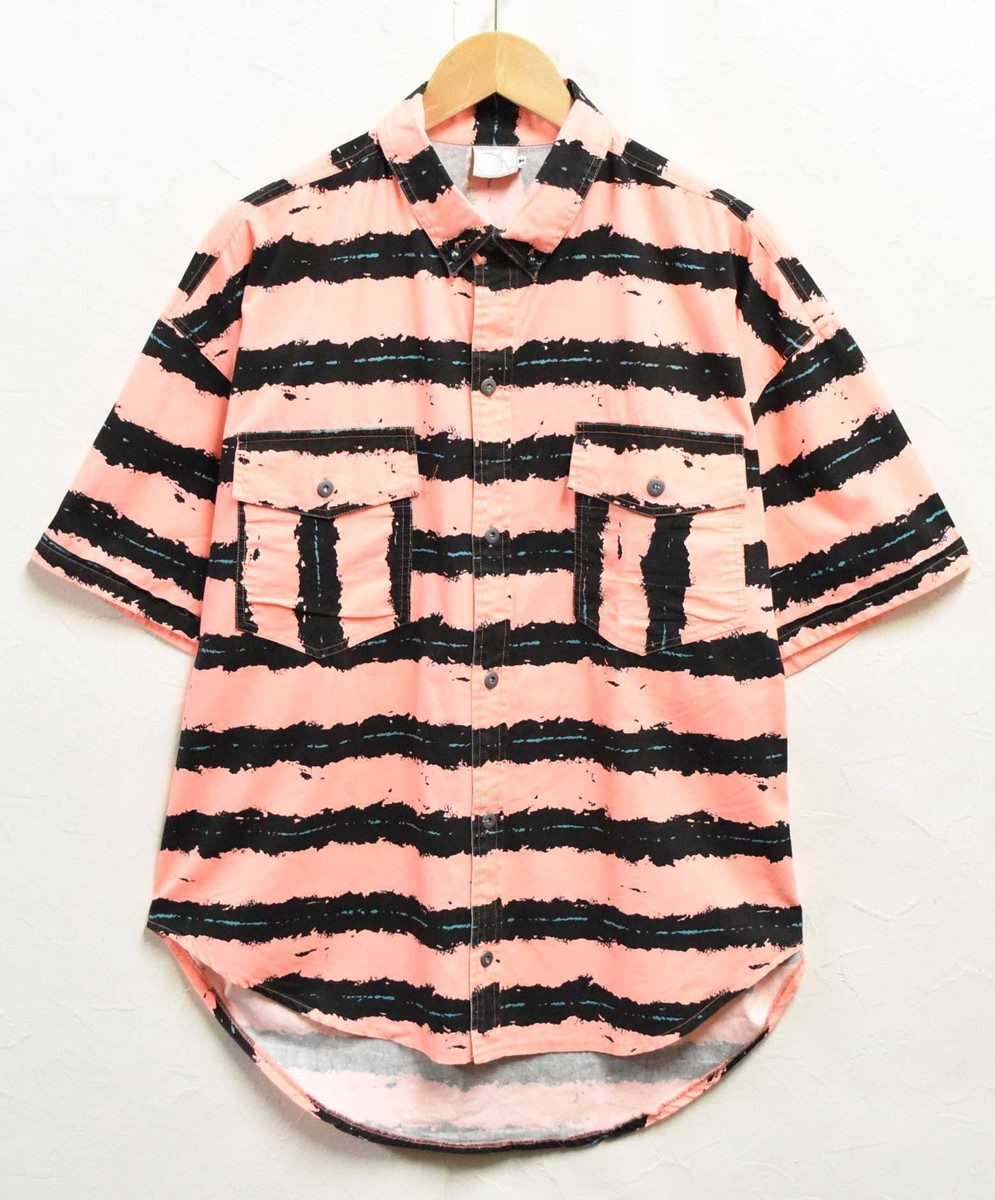 【ビッグサイズ】ヴィンテージ 1990年代 OP OCEAN PACIFIC オーシャンパシフィック 半袖シャツ ネオンオレンジ×ブラック×ブルー 総柄 メンズXL相当【中古】■