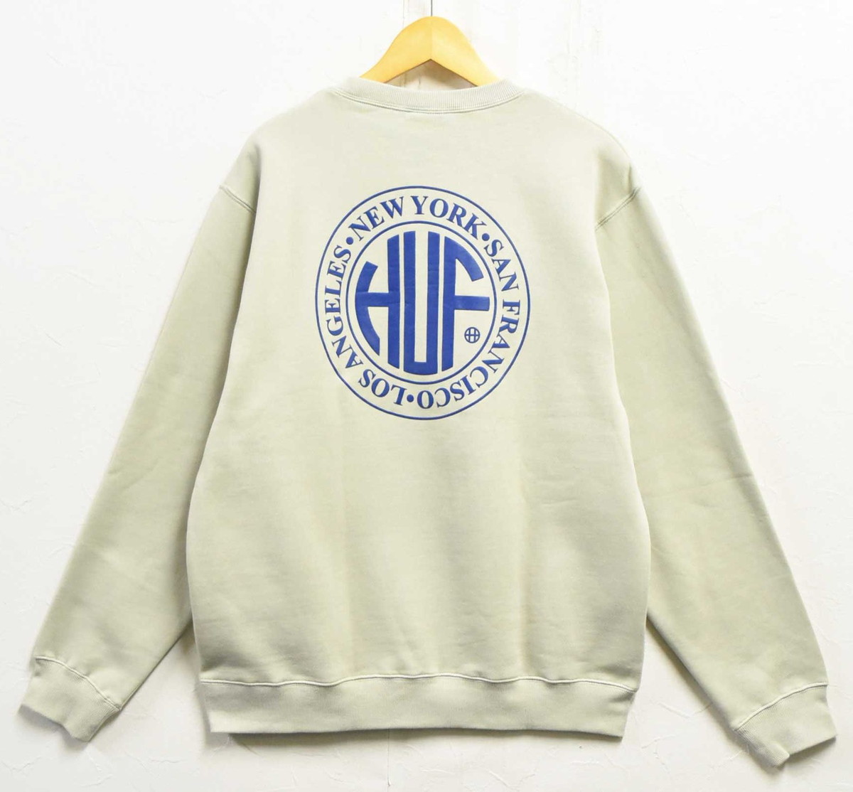 【逃げ口】【未当て嵌める品】【見せびらかす試着品】HUF ハフ 長袖 プルオーバースウェット 裏起毛 ベージュ系カーキ メンズM【新品】▼