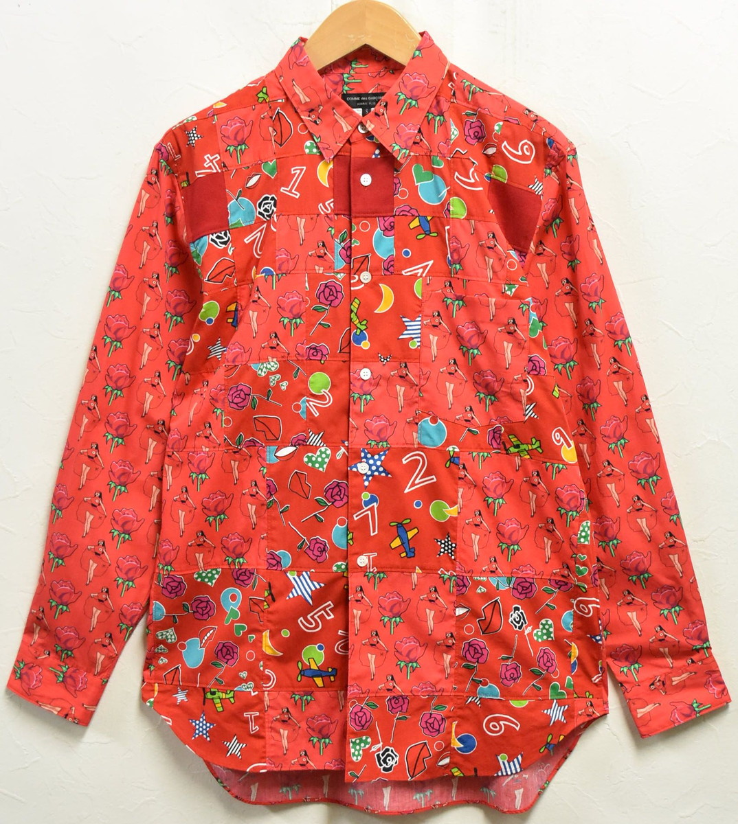 【AD2007】2000年代 日本製 COMME des GARCONS HOMME PLUS コム・デ・ギャルソン オム プリュス 長袖シャツ レッド 総柄 パッチワーク メンズS【中古】▼