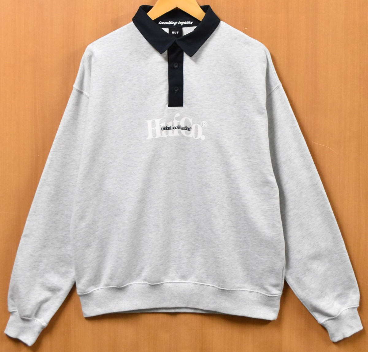 【逃げ口】【未当て嵌める品】【見せびらかす試着品】HUF ハフ 長袖 プルオーバースウェット スポーツシャツ 二分の一名取り草 ヘザーライトグレー×米国海軍 メンズM【新品】▼