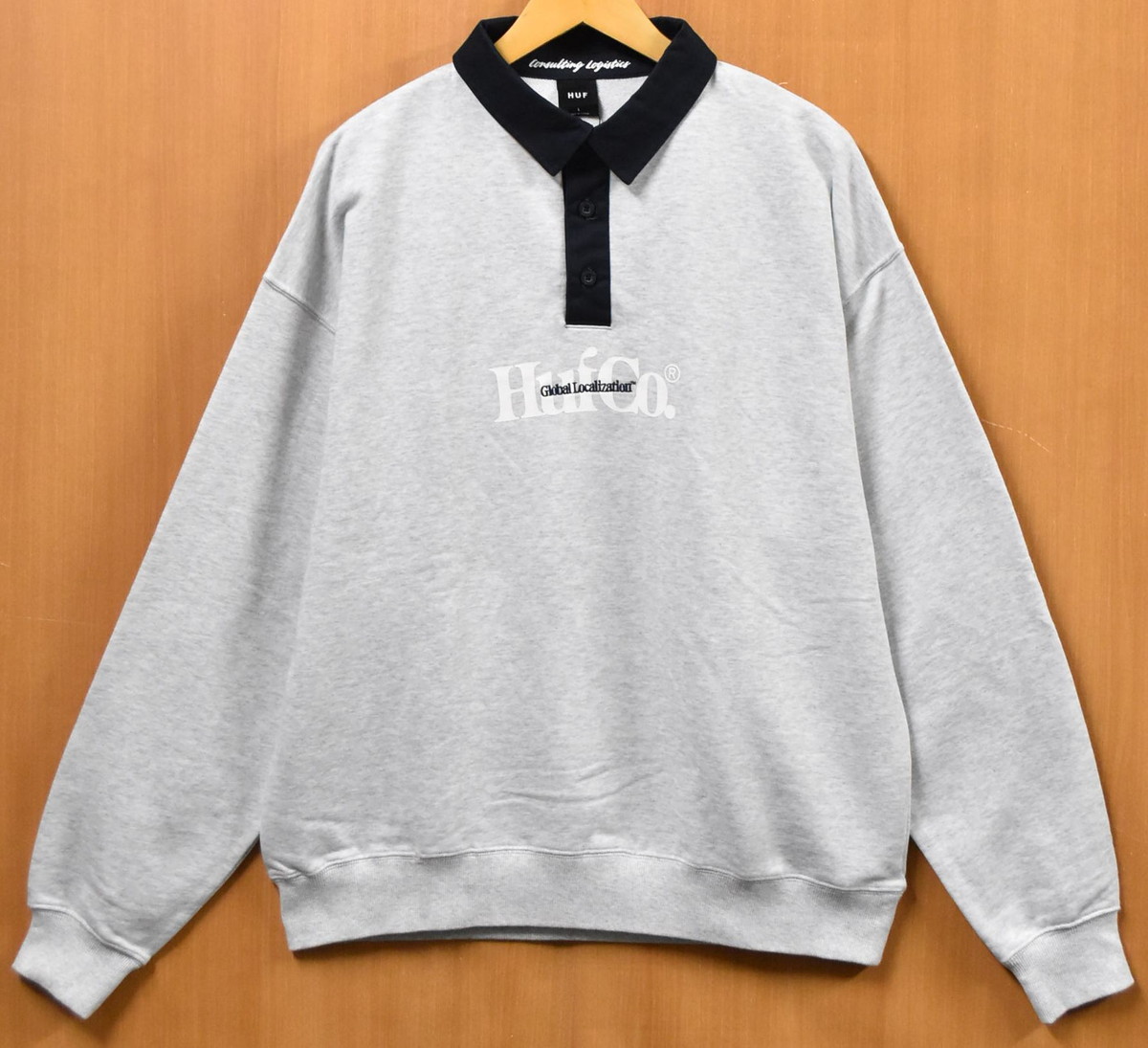 【逃げ口】【未当て嵌める品】【見せびらかす試着品】HUF ハフ 長袖 プルオーバースウェット スポーツシャツ 二分の一名取り草 ヘザーライトグレー×米国海軍 メンズL【新品】▼