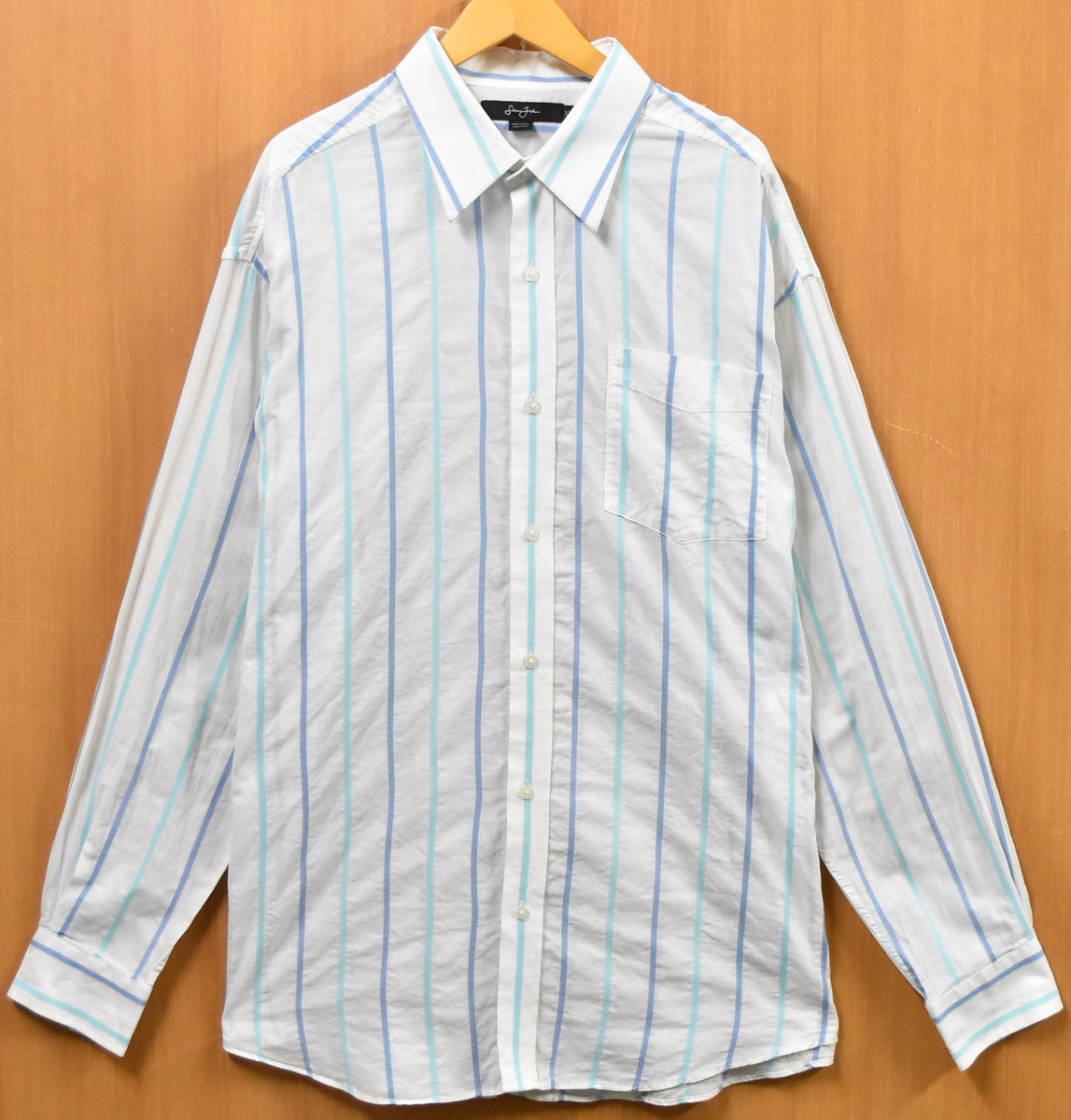 【ビッグサイズ】Sean John ショーン・ジョン 薄手 長袖シャツ ホワイト×ブルー系 ストライプ柄 メンズ2XL【中古】■