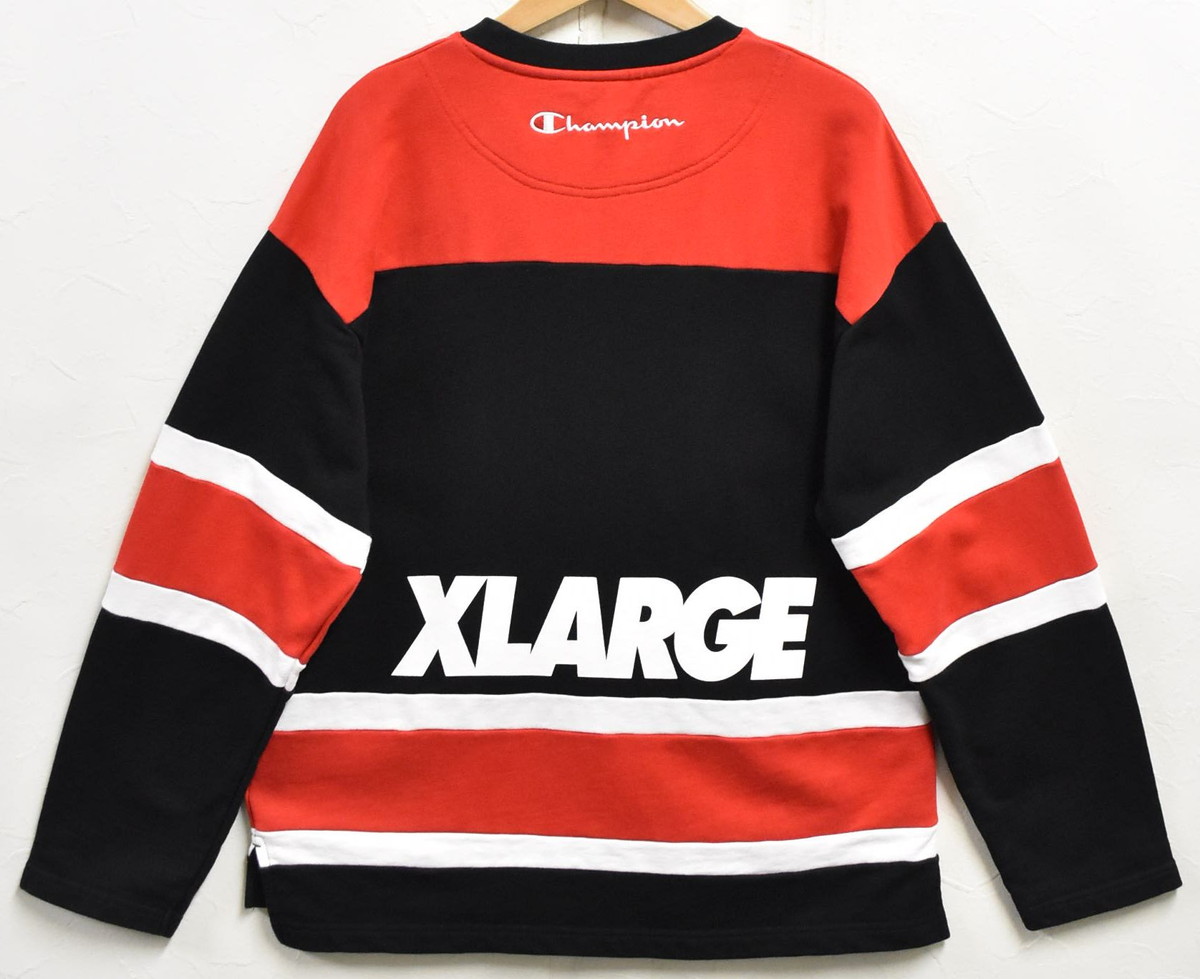 【コラボ】XLARGE×Champion エクストララージ×チャンピオン 長袖 スウェット ホッケーシャツ風 ブラック×レッド×ホワイト メンズM【中古】■