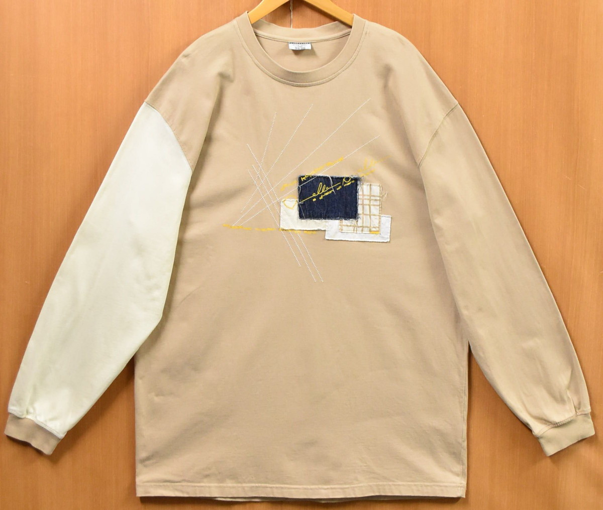 【ビッグサイズ】PELLE PELLE ペレペレ 長袖Tシャツ ロンT ベージュ×アイボリー パッチワーク風 メンズ2XL【中古】■