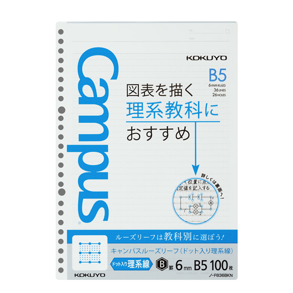 楽天市場 学習罫キャンパス ルーズリーフ ドット入り理系線 6mm B5 100枚 6919 コクヨ ノ F836bkn ペンポート