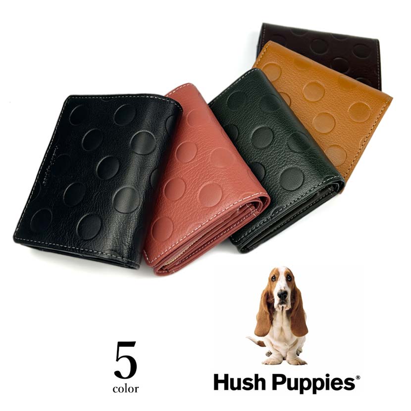 全5色 Hush Puppies ハッシュパピー ゴートレザー ドット柄 二つ折り財布 本革 おしゃれ 誕生日 記念 プレゼント ギフト 送料無料