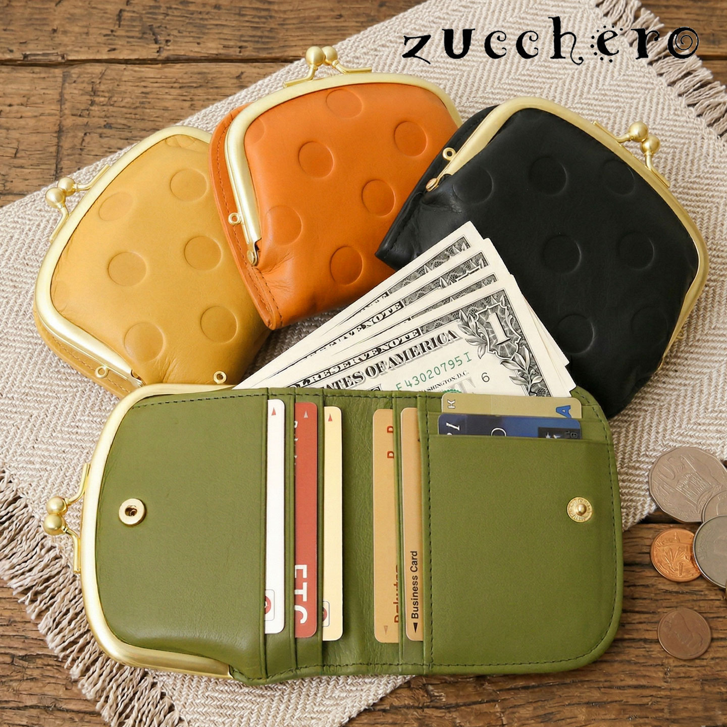 尖んがり10倍 zucchero ズッケロ 御徒面子 貨物輸送無料 55212 日本製 本革 金入れ 水玉 一点 2つ折り 短金入れ レディース 御徒面子 金入れ なめし革 牛皮 鞄 お金入れ サイフ 通い ミニ金入れ 心地よい