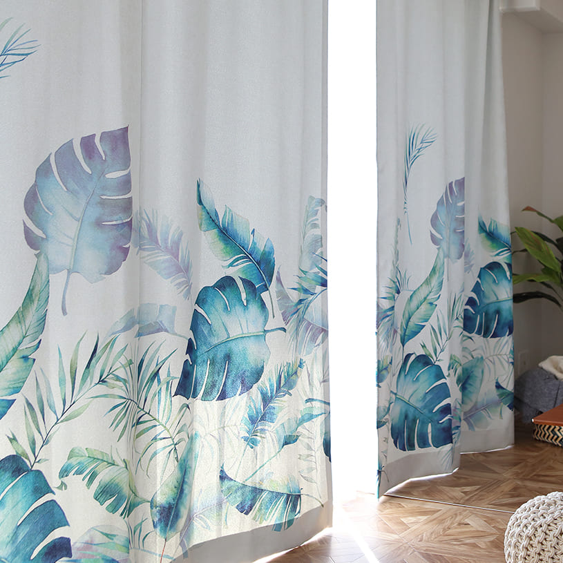 楽天市場 1cm刻みのカーテン ハワイアンカーテン 遮光カーテン オーダー オーダーカーテン 遮光 ３級 両開き ２枚 片開き １枚 セット マハナ ハワイアン ハワイ リーフ おしゃれ ウォッシャブル 洗える 形状記憶 ブルー ホワイト グリーン パーフェクトスペース カーテン館