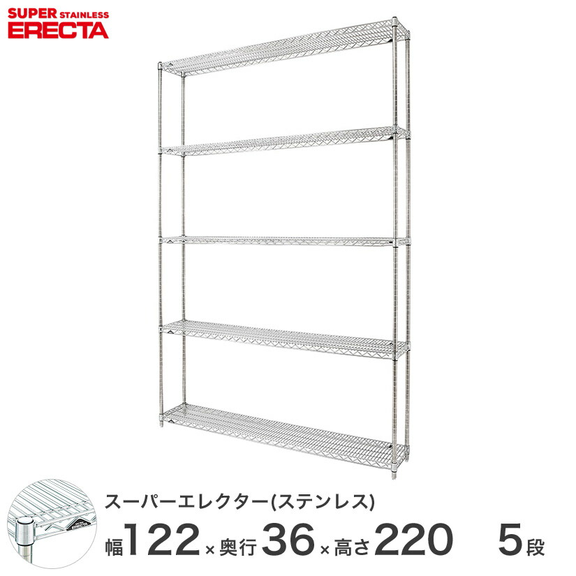 【送料無料】 エレクター ERECTA ステンレスエレクター ステンレスラック シェルフ ワイヤーラック 収納ラック 業務用 幅120×奥行35×高さ220 5段 SAS1220PS2200W5