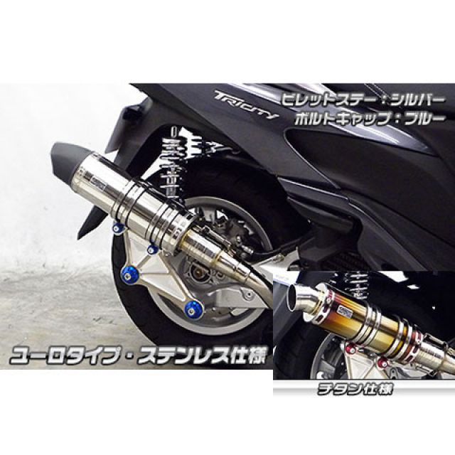 ウイルズウィン トリシティ125用 アニバーサリーマフラー ユーロタイプ チタン仕様 トリシティ125 ビレットステー シルバー ボルトキャップ ゴールド オプション オプションB｜モトメガネ 店