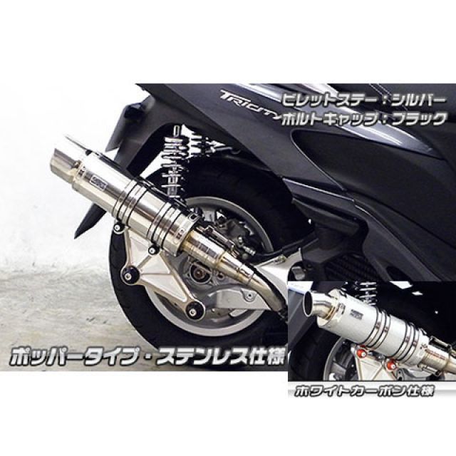 ウイルズウィン トリシティ125用 アニバーサリーマフラー ポッパータイプ ホワイトカーボン仕様 トリシティ125 ビレットステー シルバー ボルトキャップ ゴールド オプション オプションB|モトメガネ 店