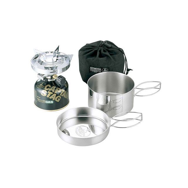 クッカー 人気no 1 Stag 無料雑誌付き Captain 野外調理用品 キャプテンスタッグ 小型ガスバーナーコンロ 圧電点火装置付 クッカーセット バッグ付 Www Matrimonioweb Net