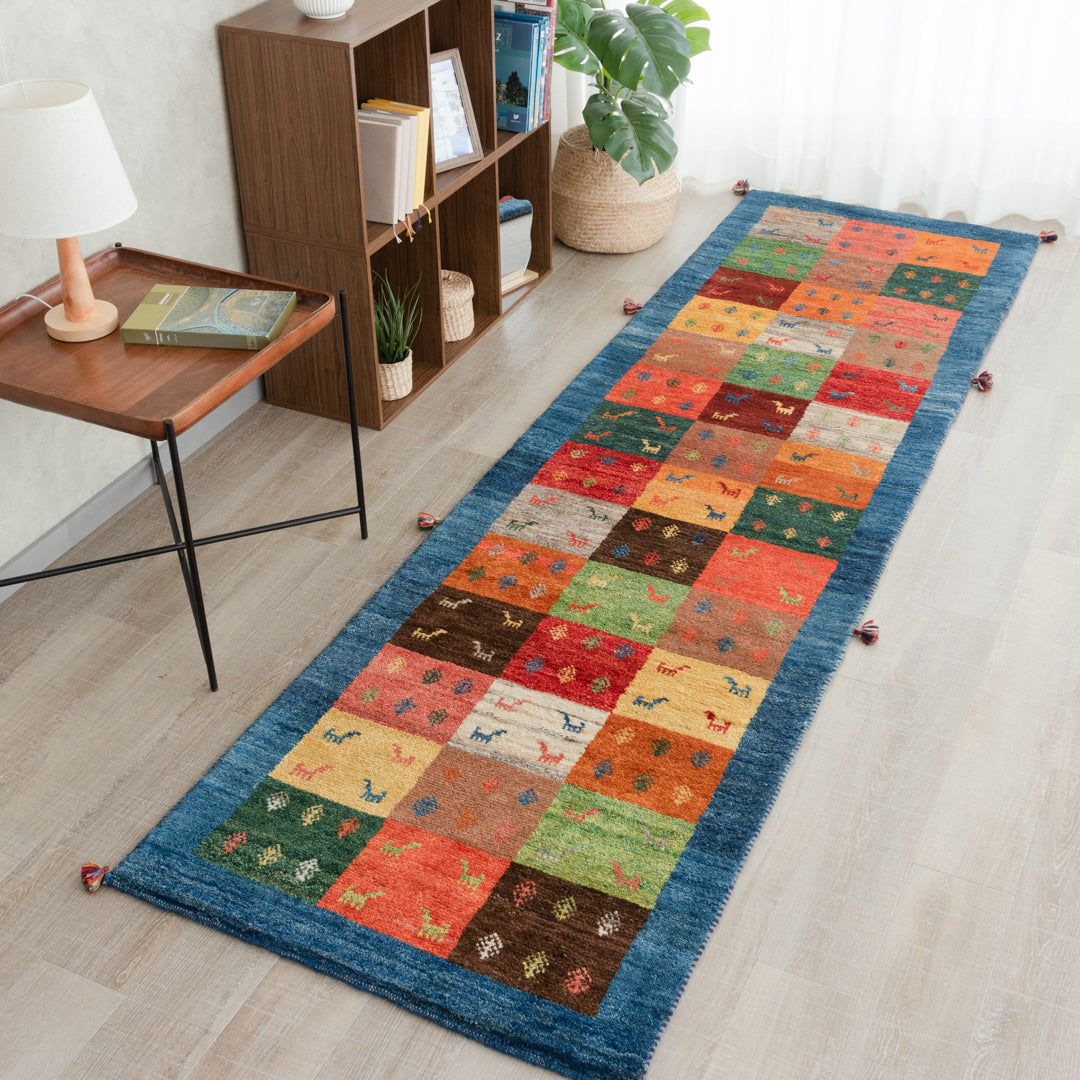 【本場イラン産】83×290cm ギャッベ ランナーサイズLL（送料無料 手織り 天然染料 かわいい おしゃれ 絨毯 ラグ 廊下 ウール100% ペルシャ ギャベ Gabbeh）◆G638_CL