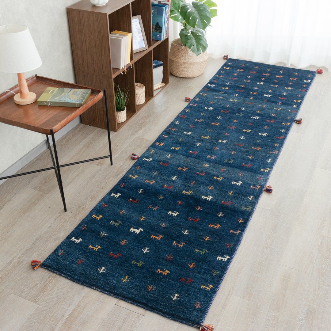 【本場イラン産】82×287cm ギャッベ ランナーサイズLL(送料無料 手織り 天然染料 かわいい おしゃれ 絨毯 ラグ 廊下 ウール100% ペルシャ ギャベ Gabbeh)◆G646_BL|イラン産絨毯 ペルシャダイレクト