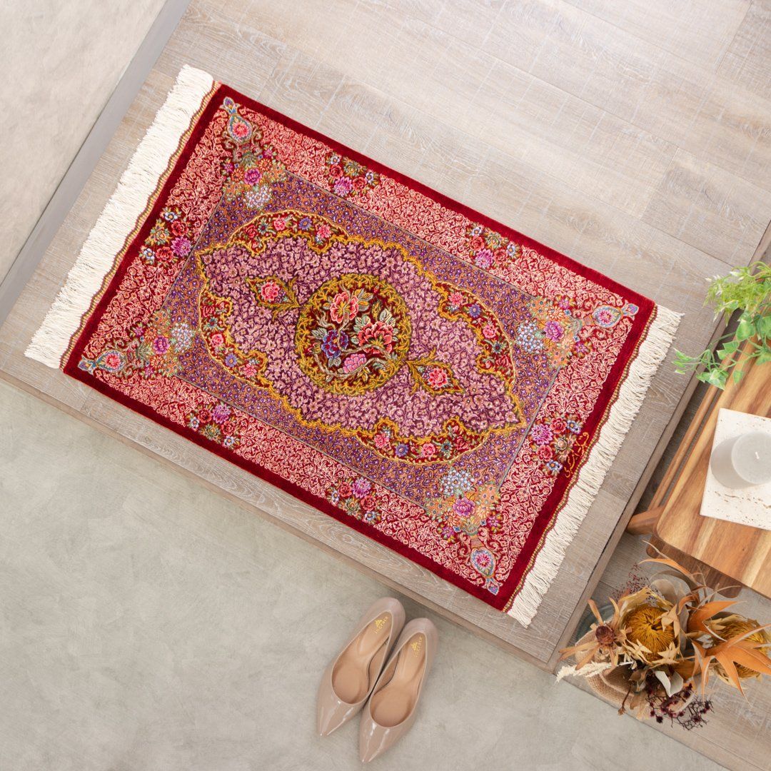 【発祥地ペルシャ産】59×86糎 イラン引っ敷き 部屋の入り口大きさM（貨物輸送無料 手織り 生まれながら染め料 愛くるしげ 今めかしい 引っ敷き 引っ敷き 絹地100% イラン）◆PRESTIA プレスティア