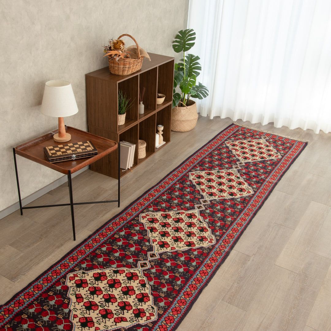 【本場イラン産】86&times;395cm キリム ランナー（長細い）サイズ（送料無料 手織り 天然染料 かわいい おしゃれ 絨毯 ラグ ヴィンテージ トライバル ウール100%）◆NAHAL　ナハール｜イラン産絨毯 ペルシャダイレクト