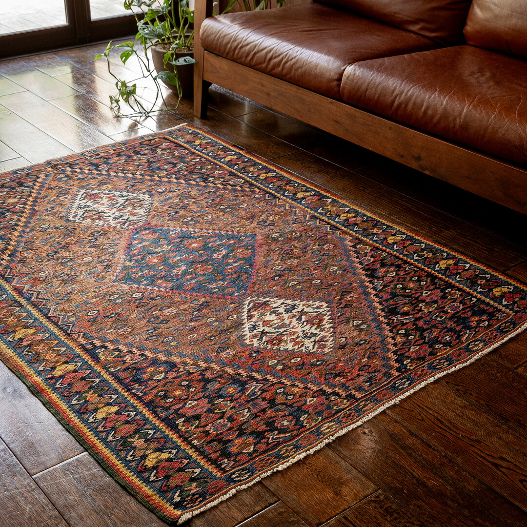 【本場イラン産】112×152cm キリム ラグサイズM（送料無料 手織り 天然染料 かわいい おしゃれ 絨毯 ラグ ヴィンテージ トライバル ウール100%）◆WEYA　ウェヤ