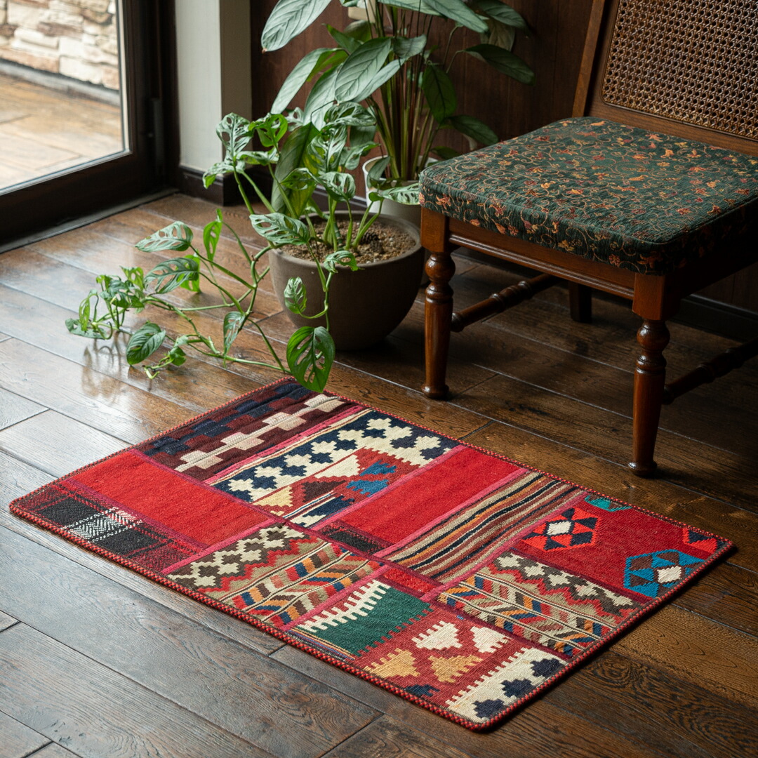 【本場イラン産】61×86cm キリム 玄関マット他（送料無料 手織り 天然染料 かわいい おしゃれ 絨毯 ラグ ウール100% ペルシャ）◆RAIN　レイン