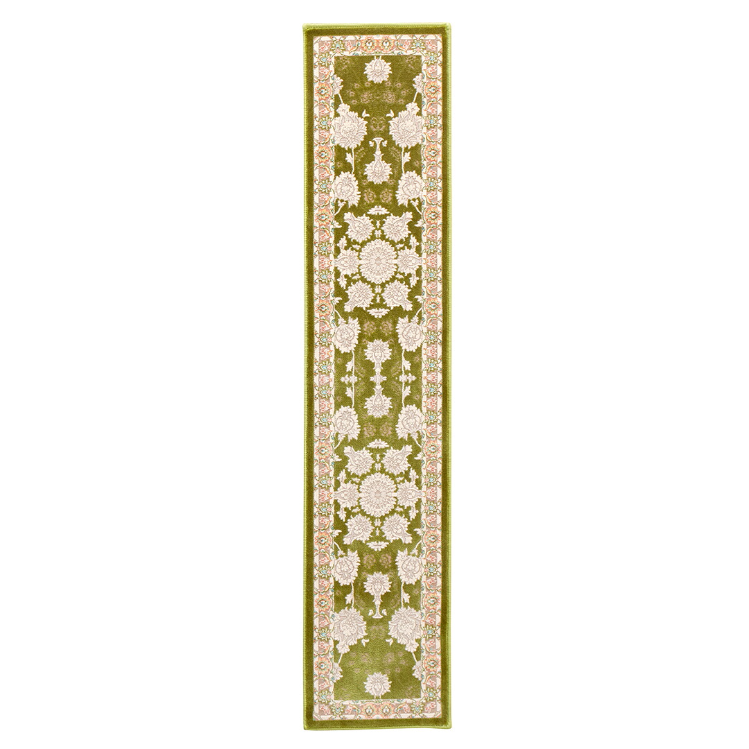 【本場イラン産】25.5&times;120cm 織り目の細かさ144万ノット！ ペルシャ絨毯（機械織） マールー柄　グリーン色（送料無料 おしゃれ 絨毯 ペルシャ絨毯風 ラグ 玄関マット 洗える ホットカーペット対応 ランナー 細長）｜イラン産絨毯 ペルシャダイレクト