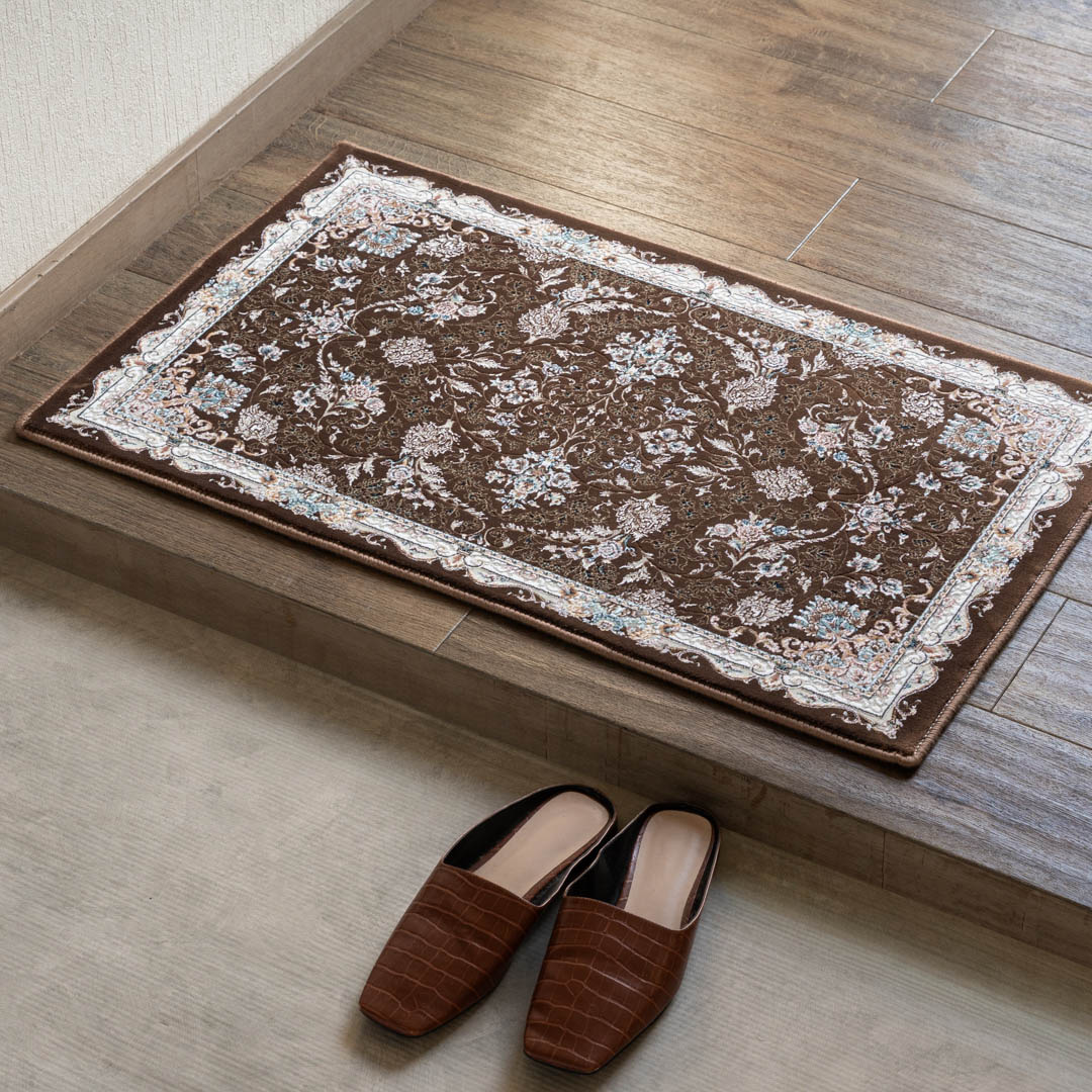 【本場イラン産】50×80cm 織り目の細かさ144万ノット！ ペルシャ絨毯（機械織）ミトラ柄 ブラウン色（送料無料 おしゃれ 絨毯 ペルシャ絨毯風 ラグ 玄関マット 洗える ホットカーペット対応)