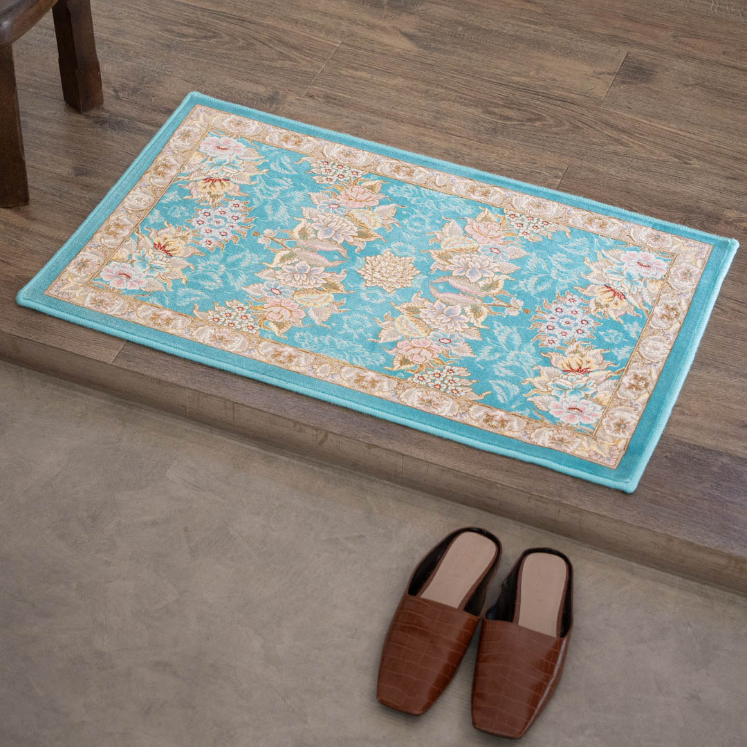 【本場イラン産】50&times;80cm 織り目の細かさ144万ノット！ ペルシャ絨毯（機械織） ナスタラン柄　ブルー色（送料無料 おしゃれ 絨毯 ペルシャ絨毯風 ラグ 玄関マット 洗える ホットカーペット対応）｜イラン産絨毯 ペルシャダイレクト