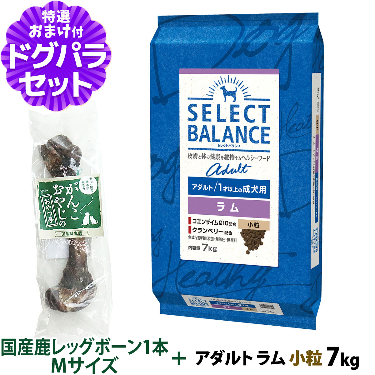 セレクトバランス アダルト ラム 小粒 7kg+国産鹿レッグボーン 1本Mサイズ 犬 成犬