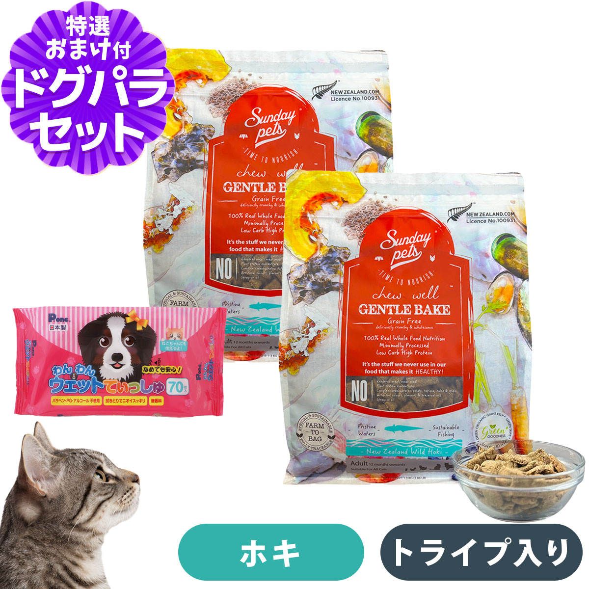 サンデーペッツ ジェントルベイク 猫用 ワイルドホキ ウィズトライプ 1.3kg×2個+わんわんウエットてぃっしゅ 1個