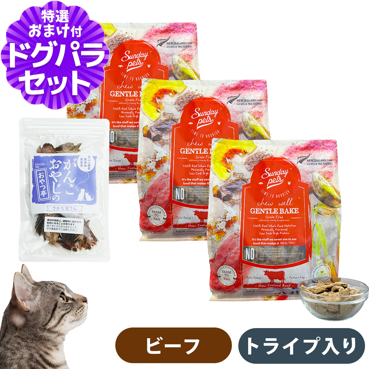 サンデーペッツ ジェントルベイク 猫用 ビーフ ウィズトライプ 1.3kg×3個+お試し国産お魚おやつ 約20g