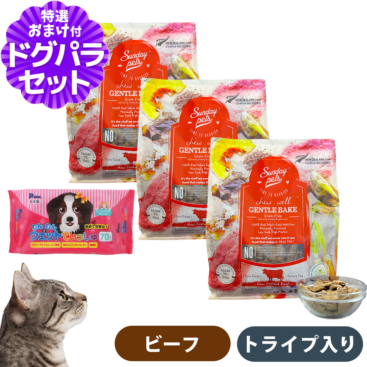 サンデーペッツ ジェントルベイク 猫用 ビーフ ウィズトライプ 1.3kg×3個わんわんウエットてぃっしゅ 1個