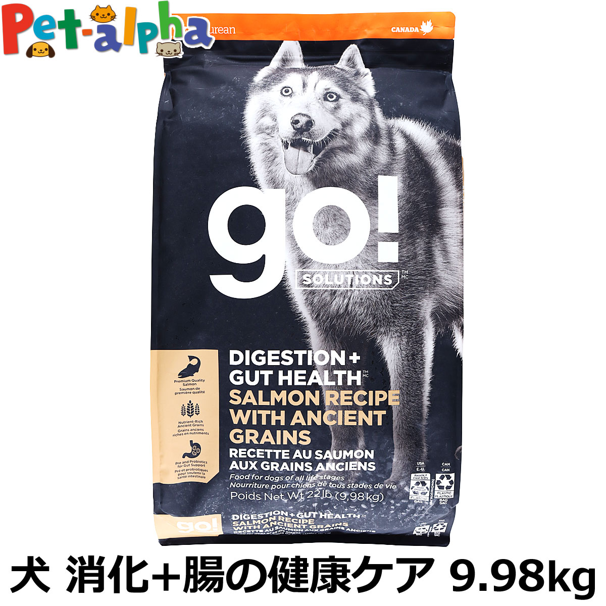 GO!ゴー ソリューションズ 消化+腸の健康ケア 古代穀物 サーモン 9.98kg 犬 ドッグ フード ドック スーパーフード 食物繊維 オメガ脂肪酸 消化器 お腹 腸 酵母 乳酸菌 子犬 幼犬 パピー 成犬 アダルト 高齢犬 シニア｜ペットアルファー店