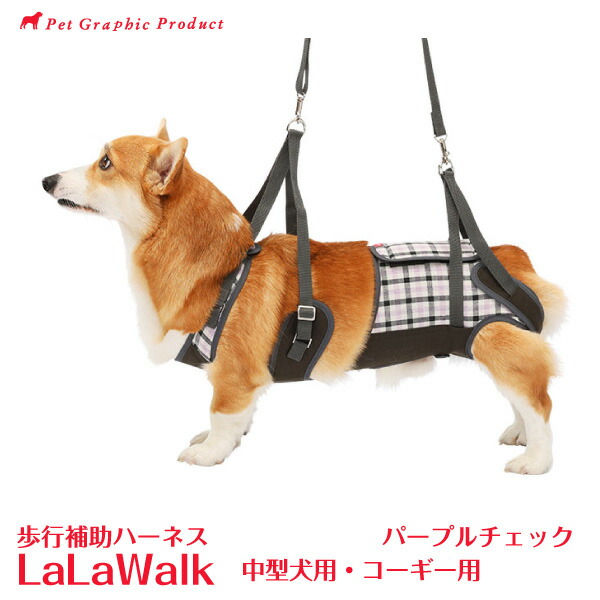 10322円 【82%OFF!】 歩行補助ハーネス ララウォーク パープルチェック 中型犬 コーギー用 LaLaWalk 犬 介護 株式会社トンボ